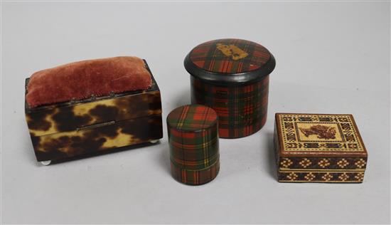 A Tunbridge stamp box, 2 tartan boxes and a tortoiseshell box